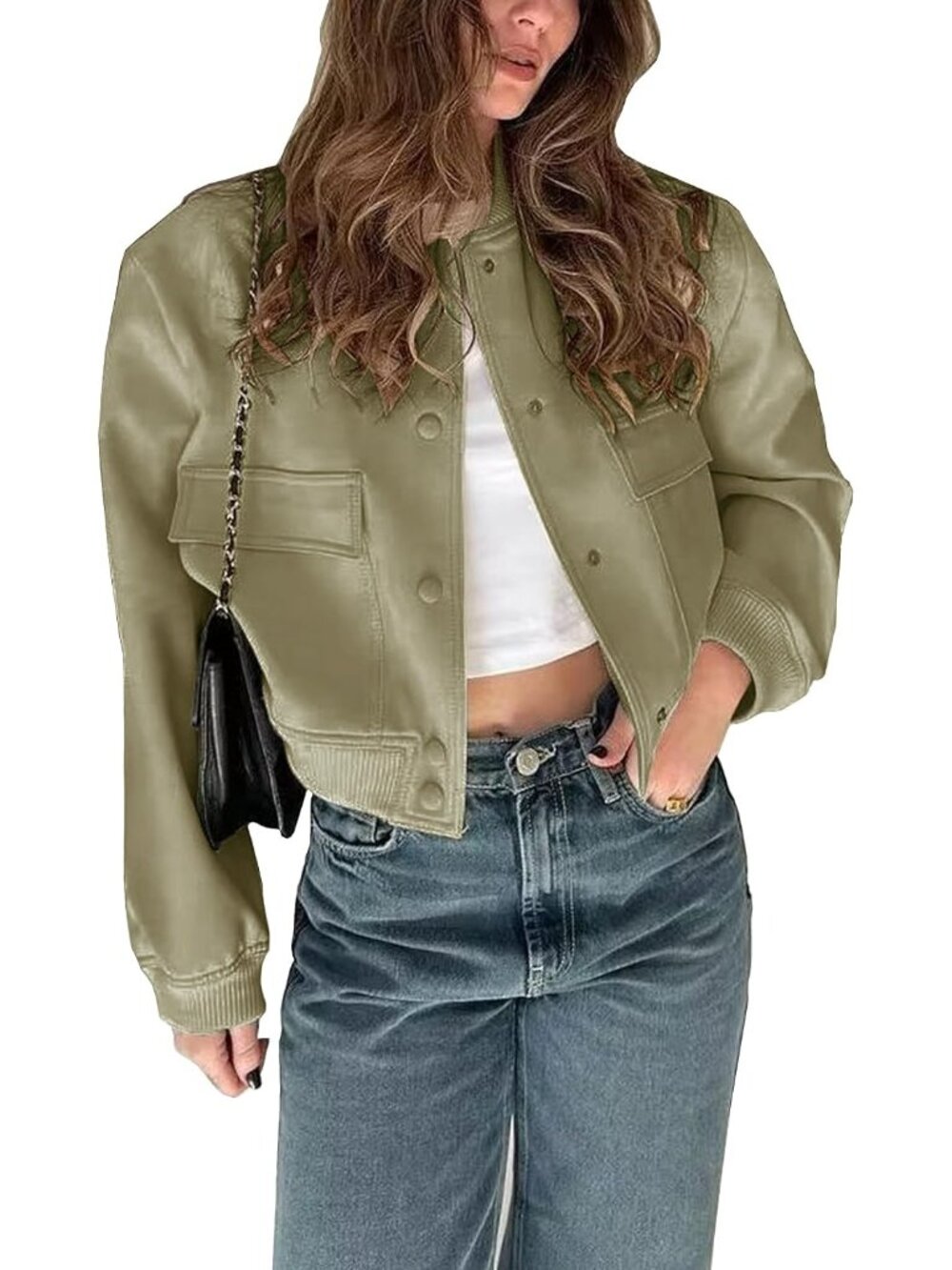 Womens Green Polyester Button Down Long Sleeve Aviator Pocket Bomber Jackets